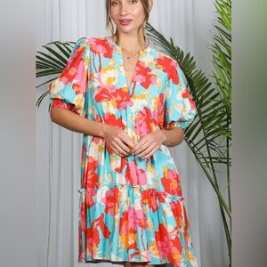 Vibrant Floral Mini Dress with Puff Sleeves